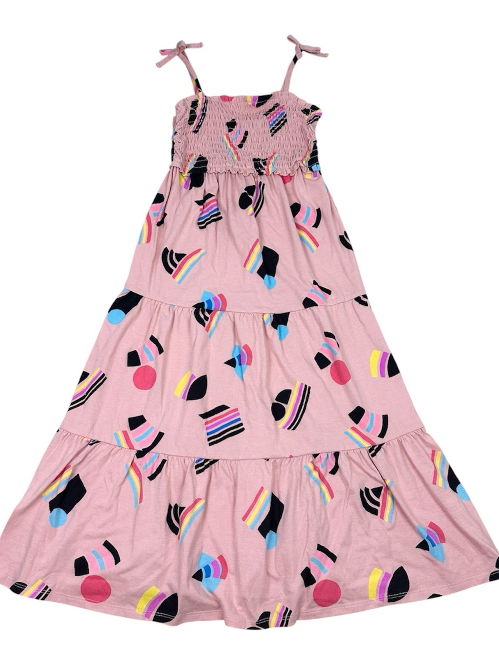 Girls Pink Tiered Maxi Sundress with Colorful Geometric Print